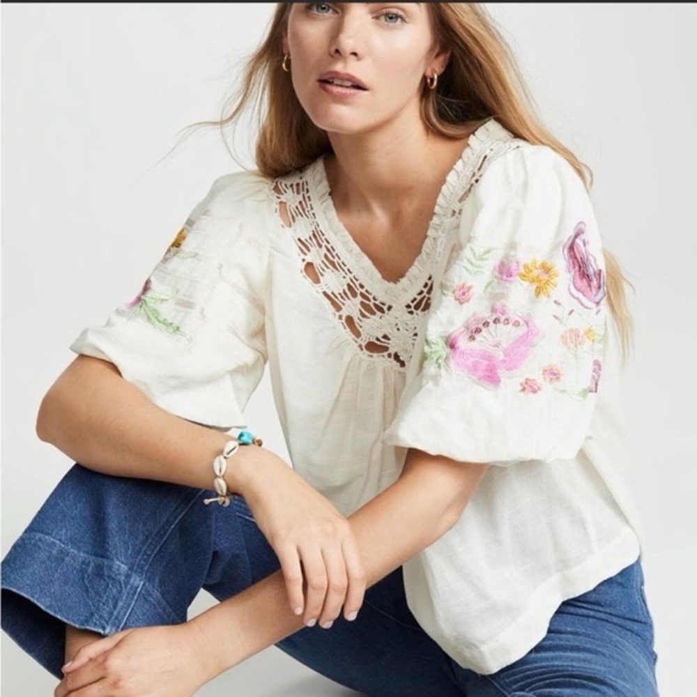 Free People Bohemia embroidered floral blouse ivory medium